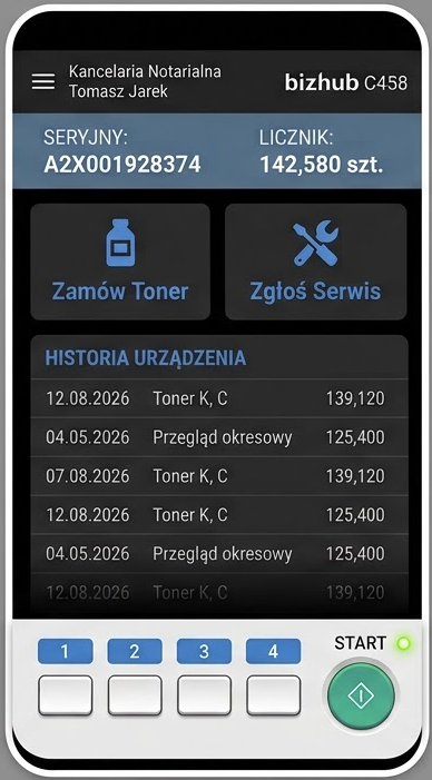 Pionowy widok pulpitu Smart Kserotech z danymi urządzenia, licznikami, zamówieniem tonera i zgłoszeniem serwisu